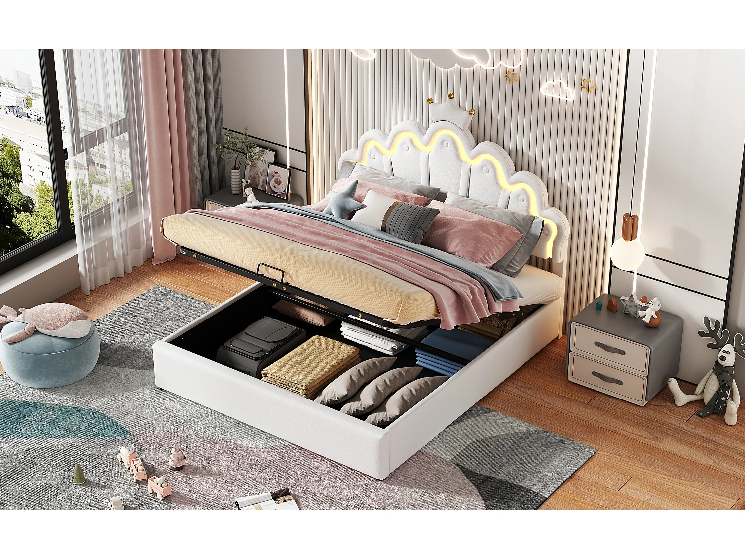 Lit double 140x200 cm, lit rembourré princesse, tête de lit avec bande lumineuse ajustable, couronne, Blanc