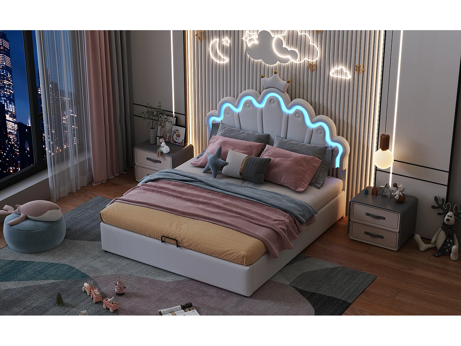 Lit double 140x200 cm, lit rembourré princesse, tête de lit avec bande lumineuse ajustable, couronne, Blanc