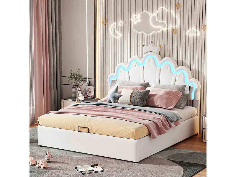 Lit double 140x200 cm, lit rembourré princesse, tête de lit avec bande lumineuse ajustable, couronne, Blanc