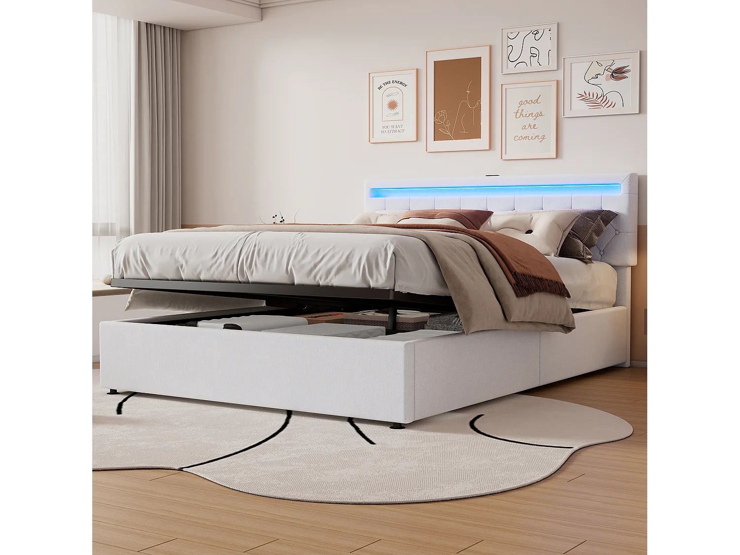 Lit plat 160x200 cm, structure rembourrée, éclairage LED, télécommande 24 touches, relevable, prises USB et Type-C, grand rangement, Blanc