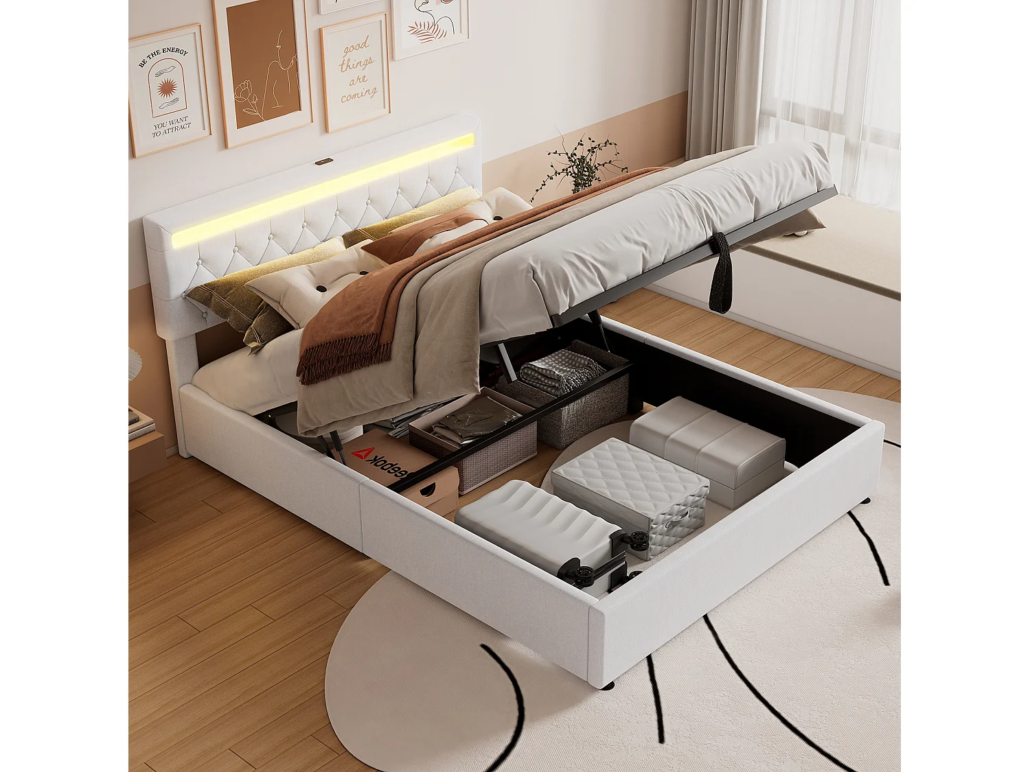 Lit plat 160x200 cm, structure rembourrée, éclairage LED, télécommande 24 touches, relevable, prises USB et Type-C, grand rangement, Blanc