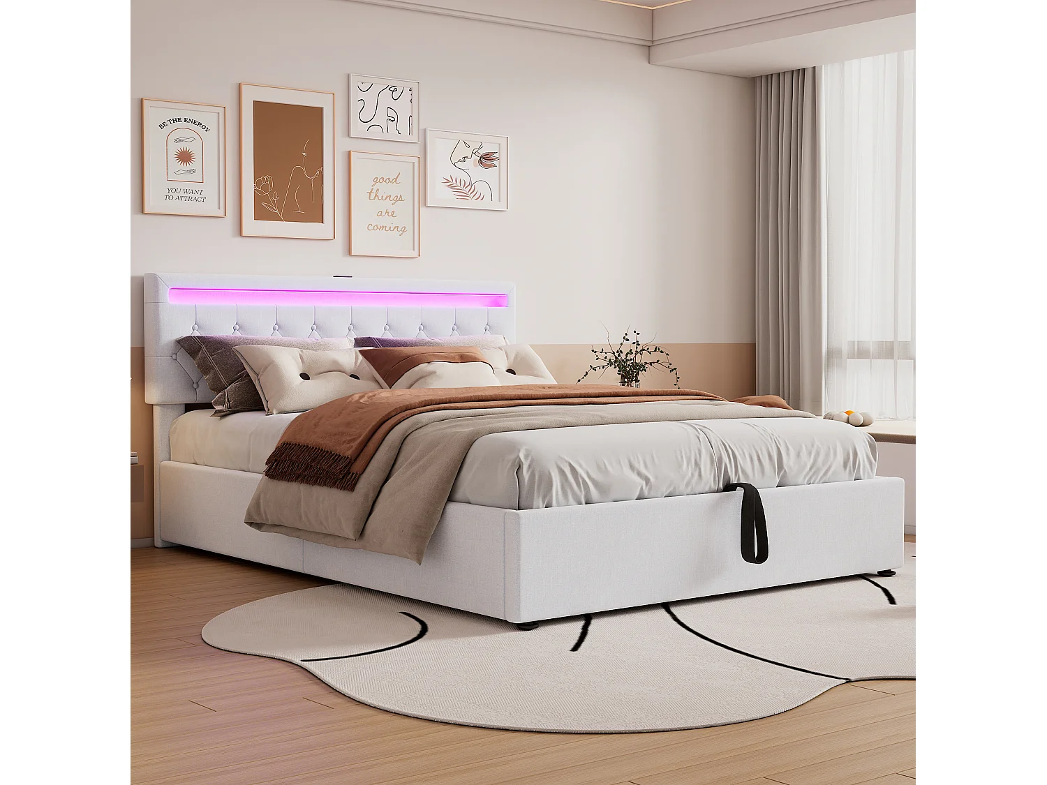 Lit plat 160x200 cm, structure rembourrée, éclairage LED, télécommande 24 touches, relevable, prises USB et Type-C, grand rangement, Blanc