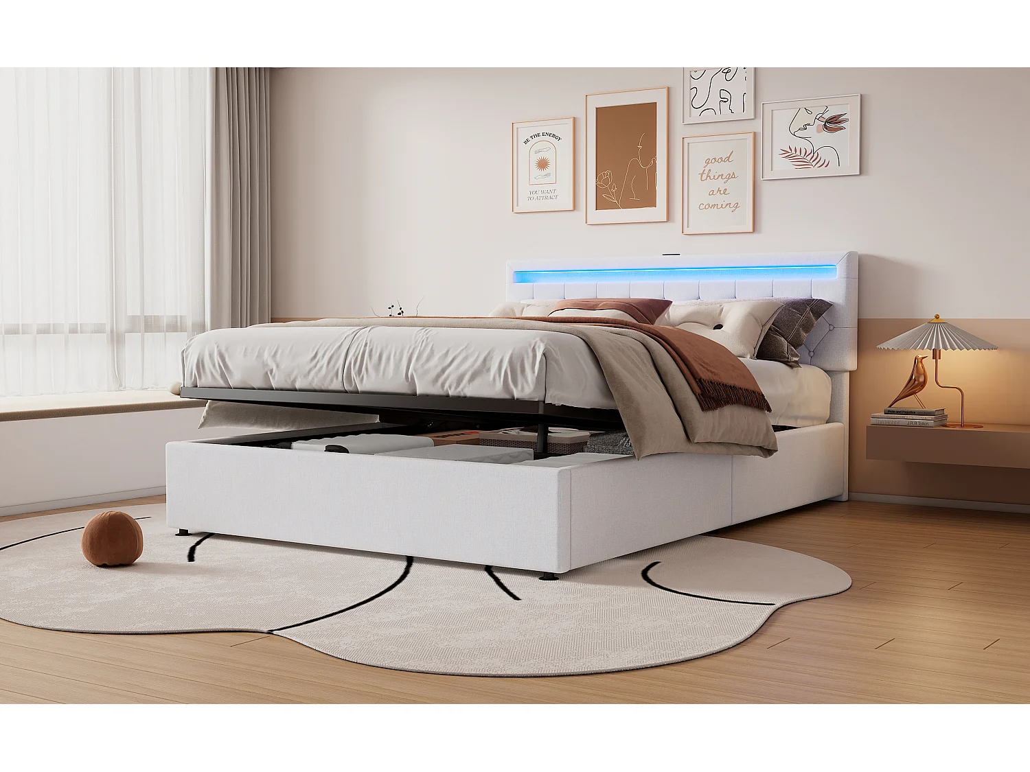 Lit plat 160x200 cm, structure rembourrée, éclairage LED, télécommande 24 touches, relevable, prises USB et Type-C, grand rangement, Blanc