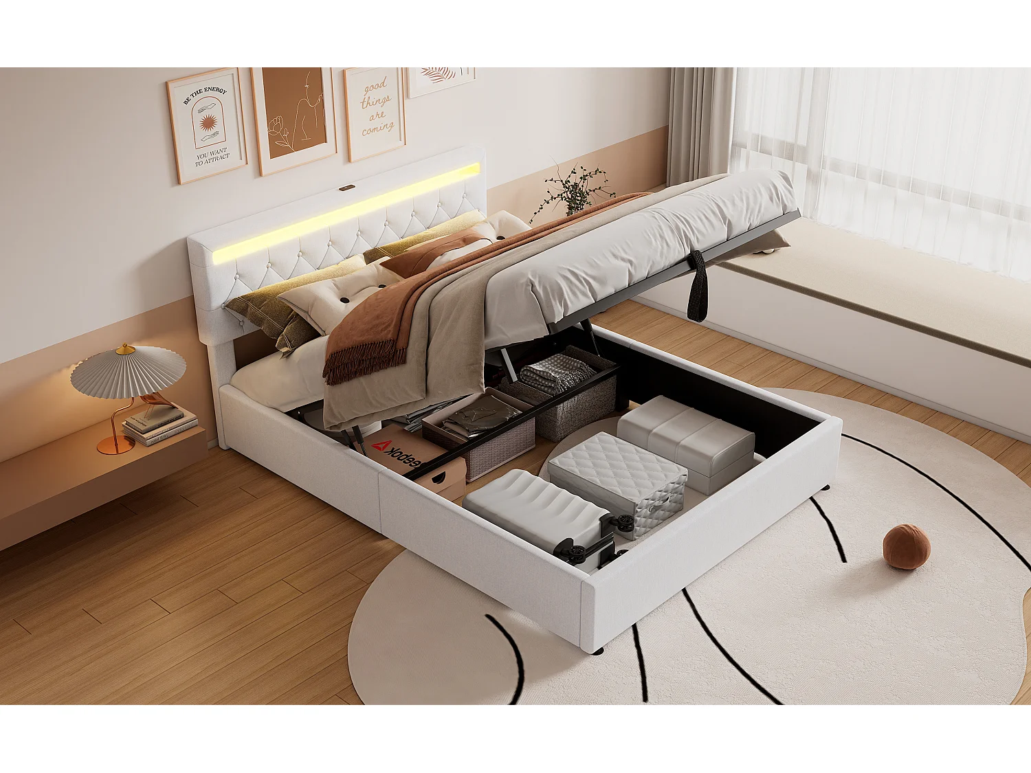 Lit plat 160x200 cm, structure rembourrée, éclairage LED, télécommande 24 touches, relevable, prises USB et Type-C, grand rangement, Blanc