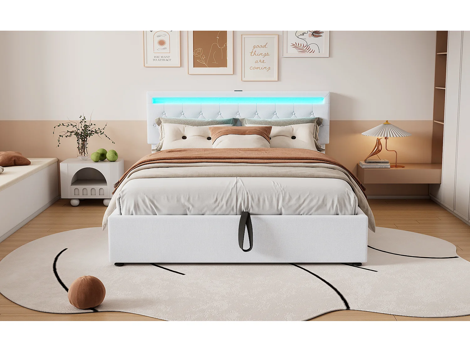 Lit plat 160x200 cm, structure rembourrée, éclairage LED, télécommande 24 touches, relevable, prises USB et Type-C, grand rangement, Blanc