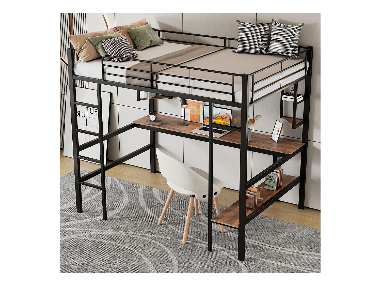 Lit mezzanine 90x200 cm noir en métal avec bureau et 5 étagères, espace rangement pour enfants et adolescents