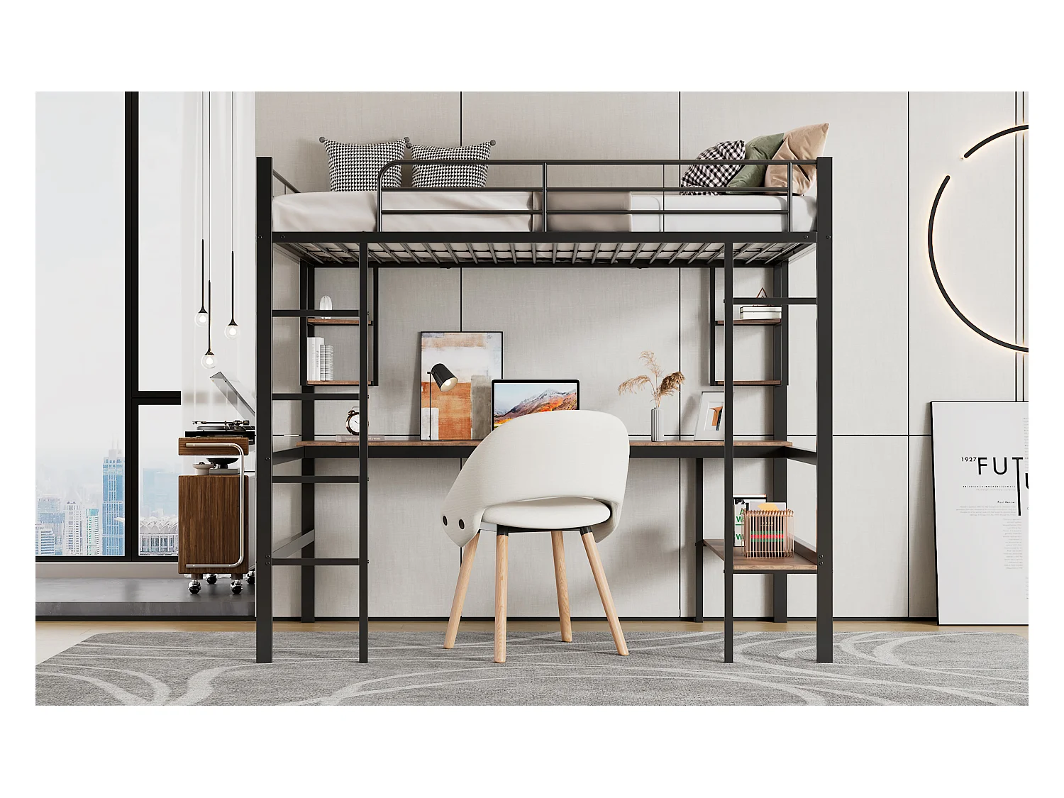 Lit mezzanine 90x200 cm noir en métal avec bureau et 5 étagères, espace rangement pour enfants et adolescents