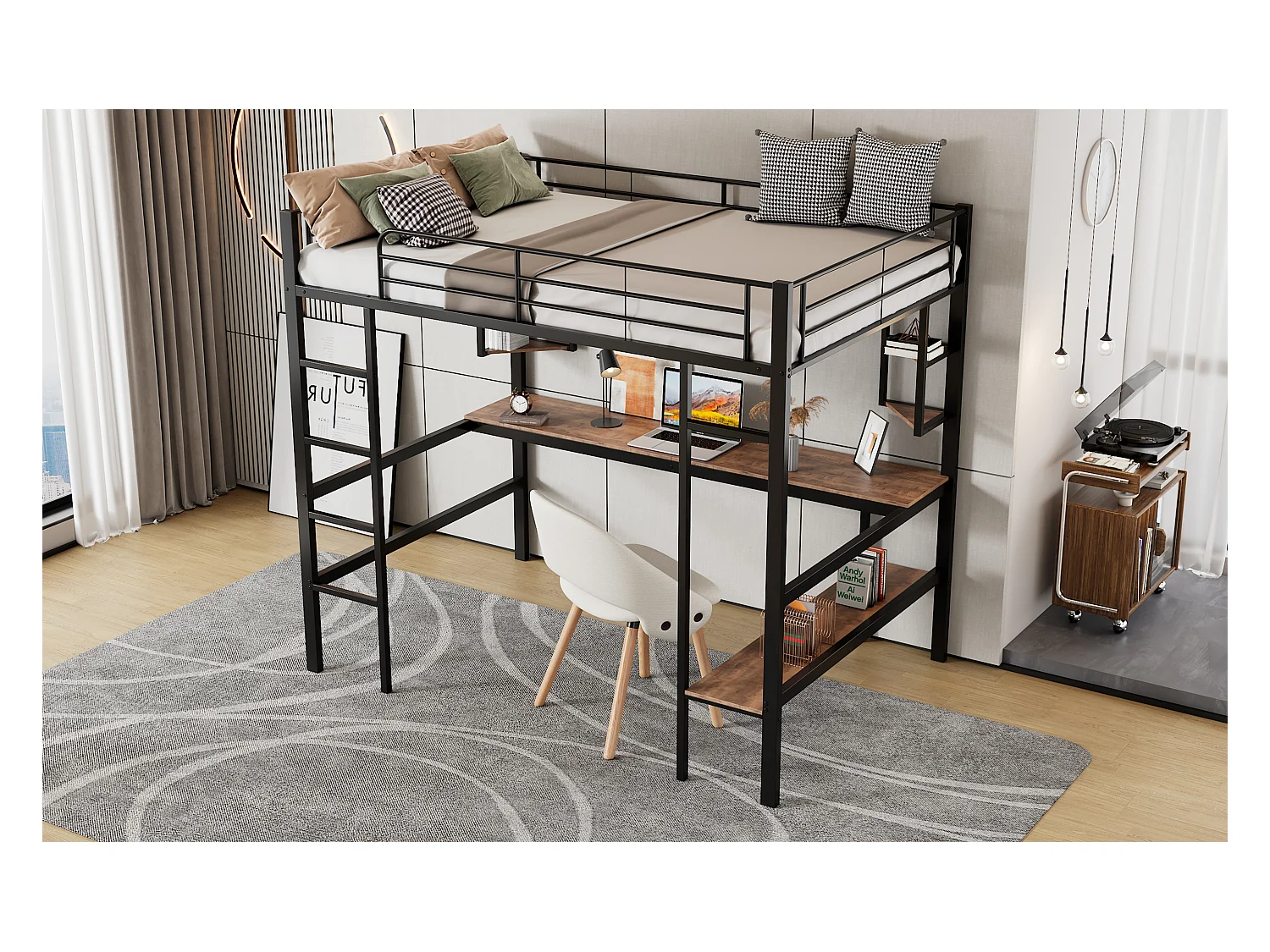 Lit mezzanine 90x200 cm noir en métal avec bureau et 5 étagères, espace rangement pour enfants et adolescents