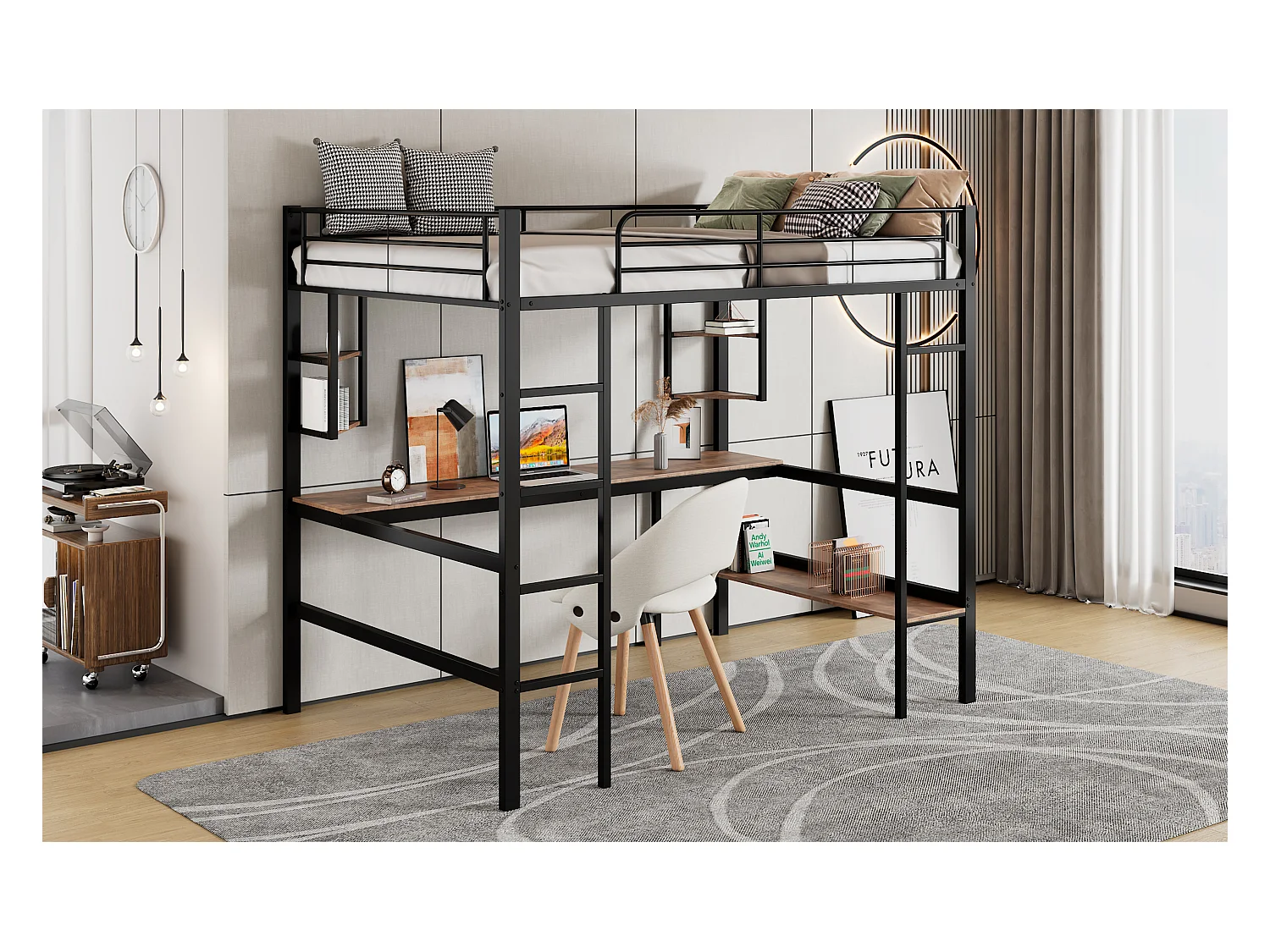 Lit mezzanine 90x200 cm noir en métal avec bureau et 5 étagères, espace rangement pour enfants et adolescents