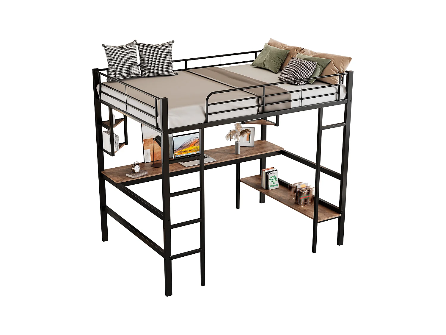 Lit mezzanine 90x200 cm noir en métal avec bureau et 5 étagères, espace rangement pour enfants et adolescents
