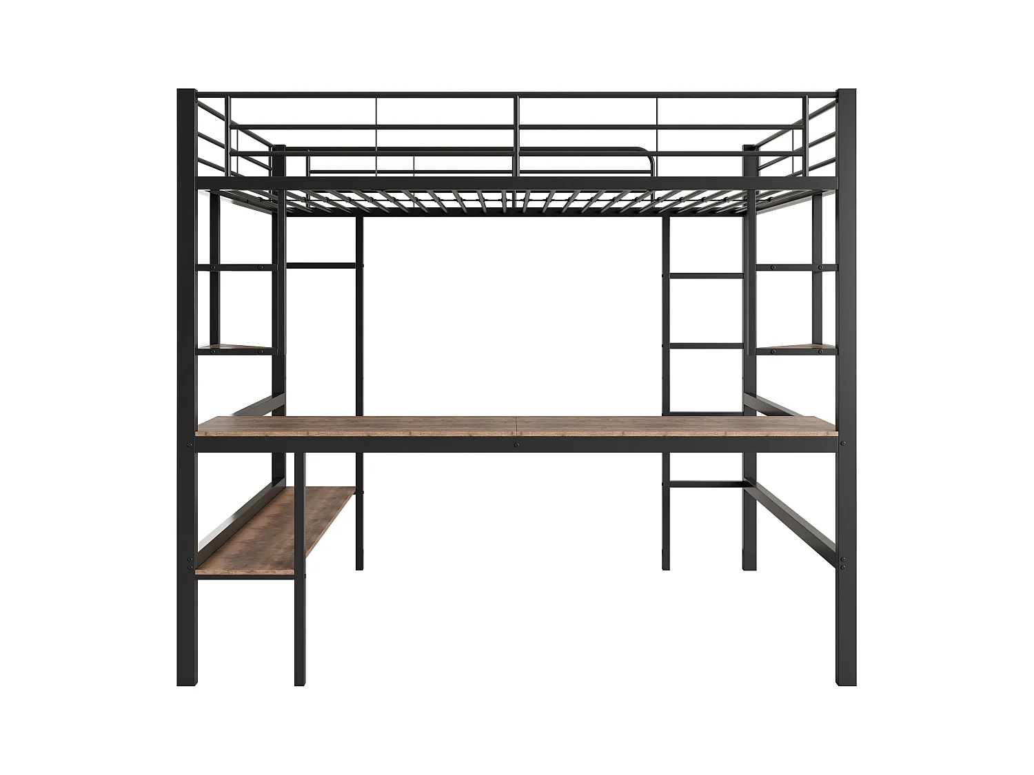 Lit mezzanine 90x200 cm noir en métal avec bureau et 5 étagères, espace rangement pour enfants et adolescents