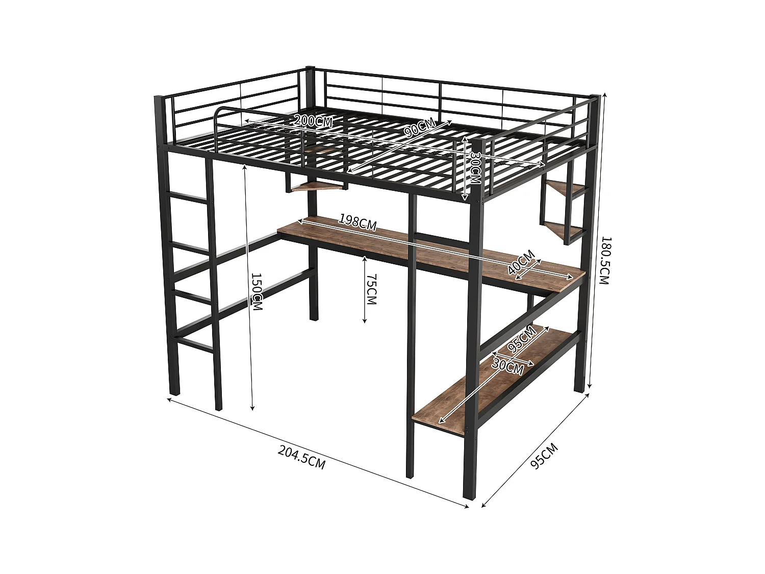 Lit mezzanine 90x200 cm noir en métal avec bureau et 5 étagères, espace rangement pour enfants et adolescents
