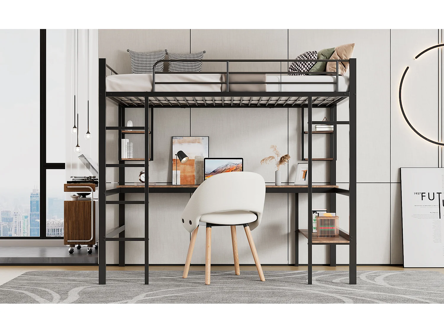 Lit mezzanine 90x200 cm noir en métal avec bureau et 5 étagères, espace rangement pour enfants et adolescents