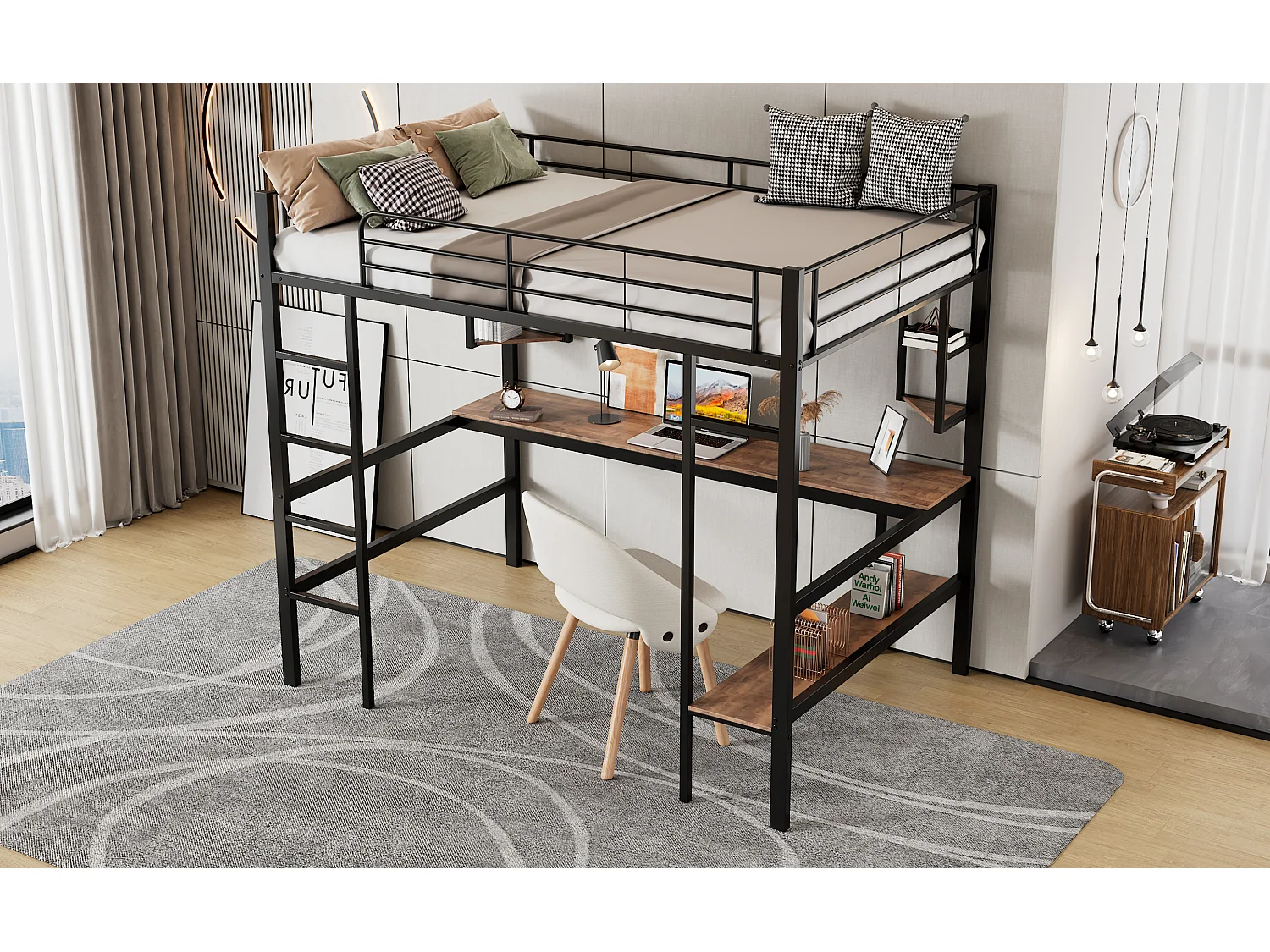 Lit mezzanine 90x200 cm noir en métal avec bureau et 5 étagères, espace rangement pour enfants et adolescents