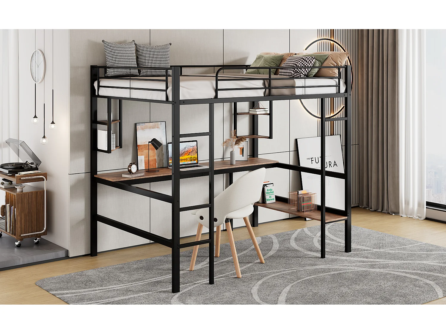 Lit mezzanine 90x200 cm noir en métal avec bureau et 5 étagères, espace rangement pour enfants et adolescents