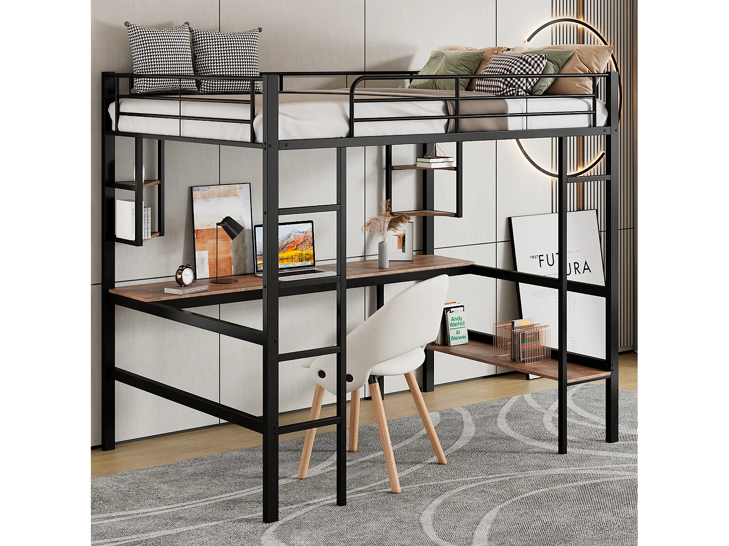 Lit mezzanine 90x200 cm noir en métal avec bureau et 5 étagères, espace rangement pour enfants et adolescents