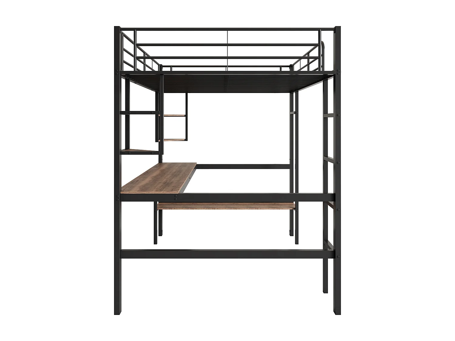 Lit mezzanine 90x200 cm noir en métal avec bureau et 5 étagères, espace rangement pour enfants et adolescents