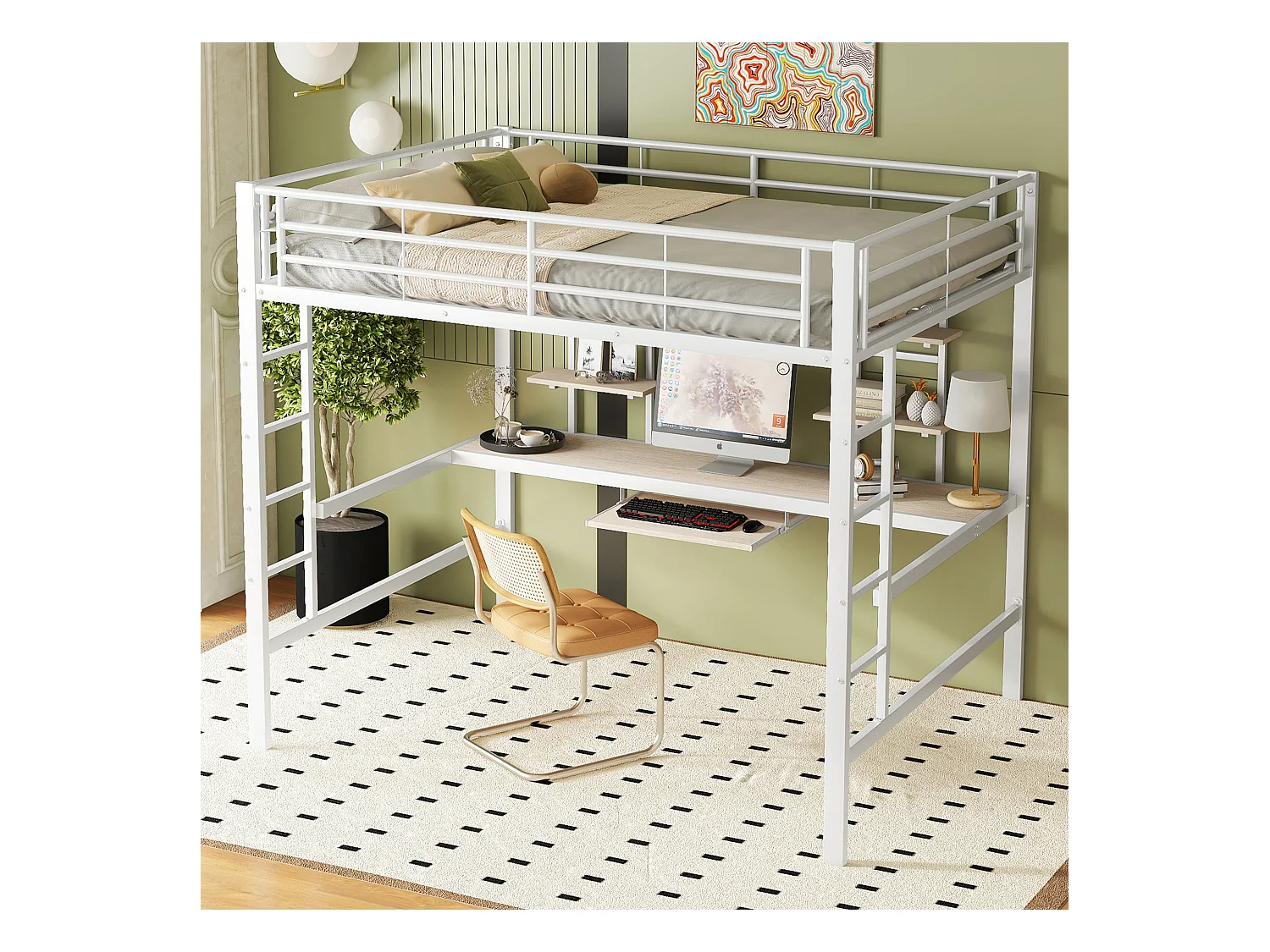 Lit mezzanine 140x200 cm, structure métal, bureau intégré et deux étagères, adapté enfants, ados et adultes, Blanc