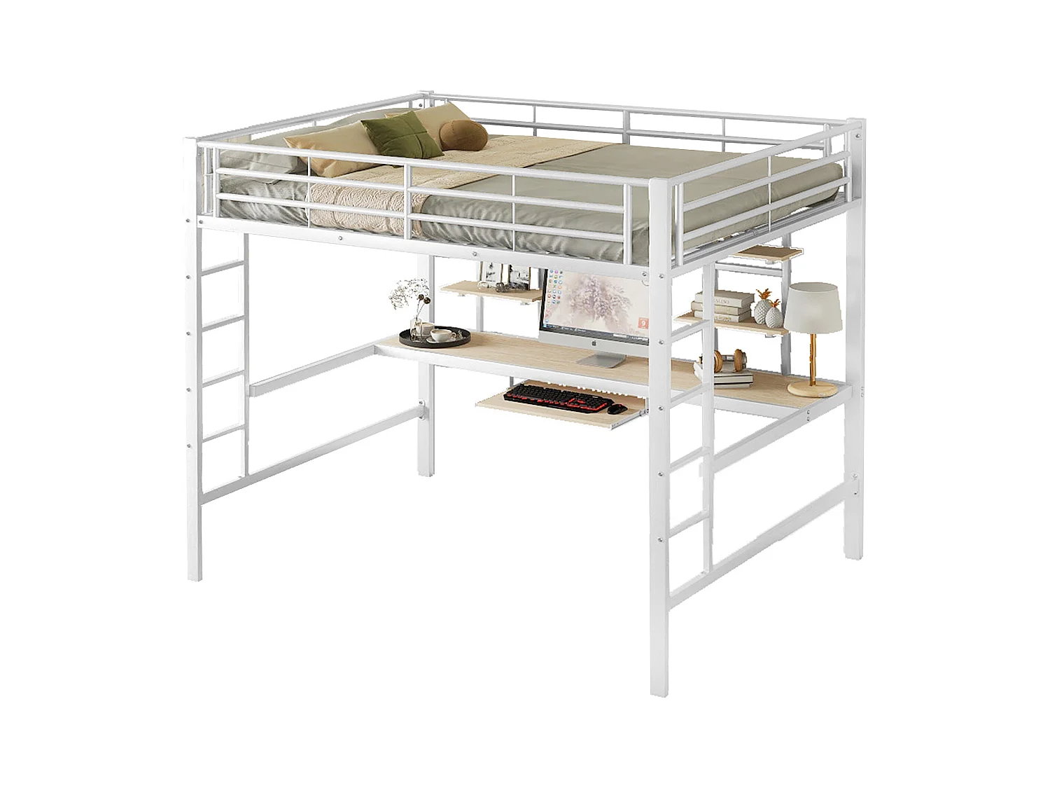 Lit mezzanine 140x200 cm, structure métal, bureau intégré et deux étagères, adapté enfants, ados et adultes, Blanc