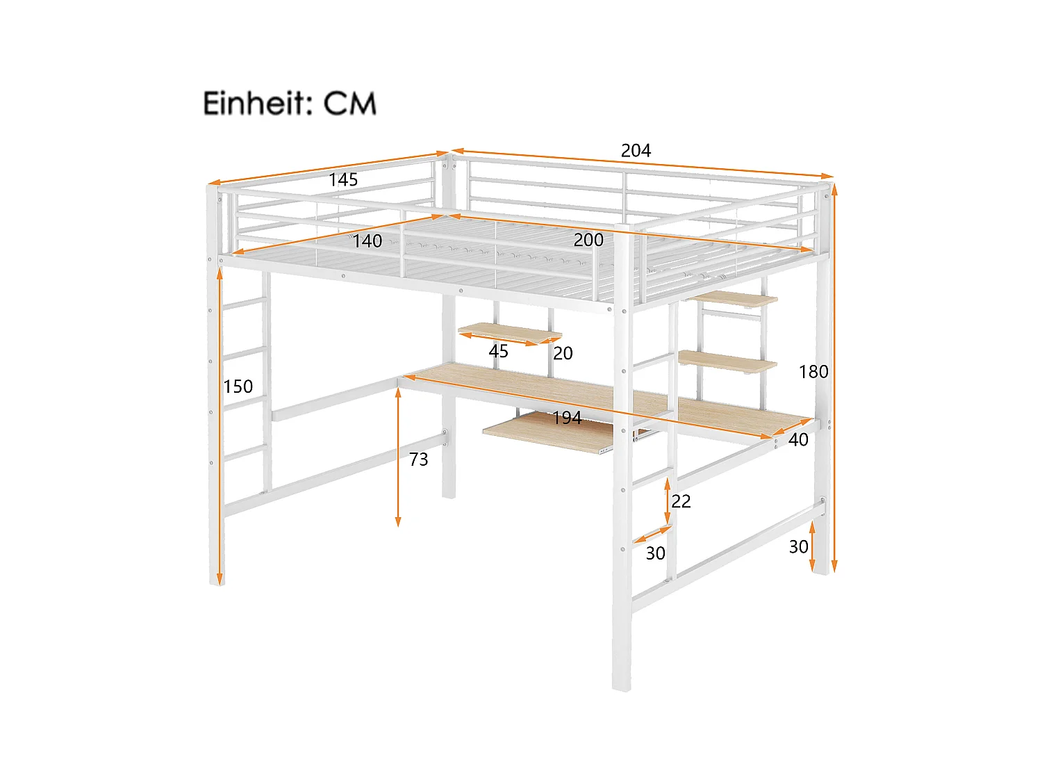 Lit mezzanine 140x200 cm, structure métal, bureau intégré et deux étagères, adapté enfants, ados et adultes, Blanc
