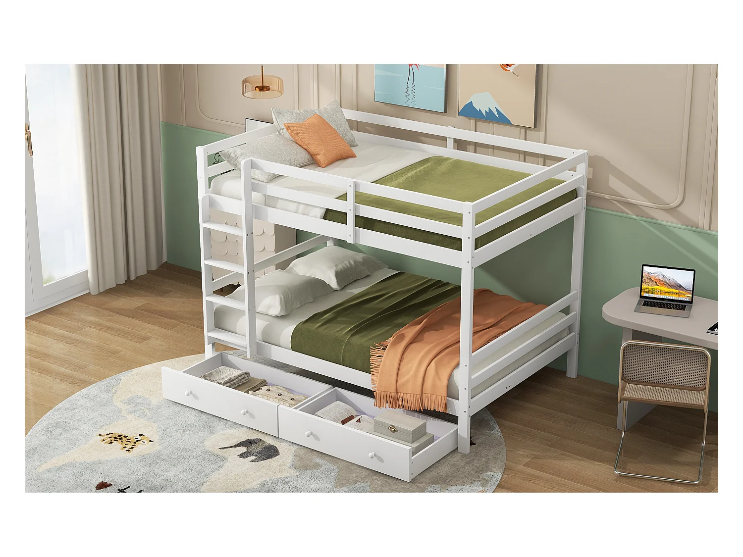 Lit superposé 140x200 cm pour enfant avec tiroirs, espace de rangement, barrières hautes, design pratique, Blanc