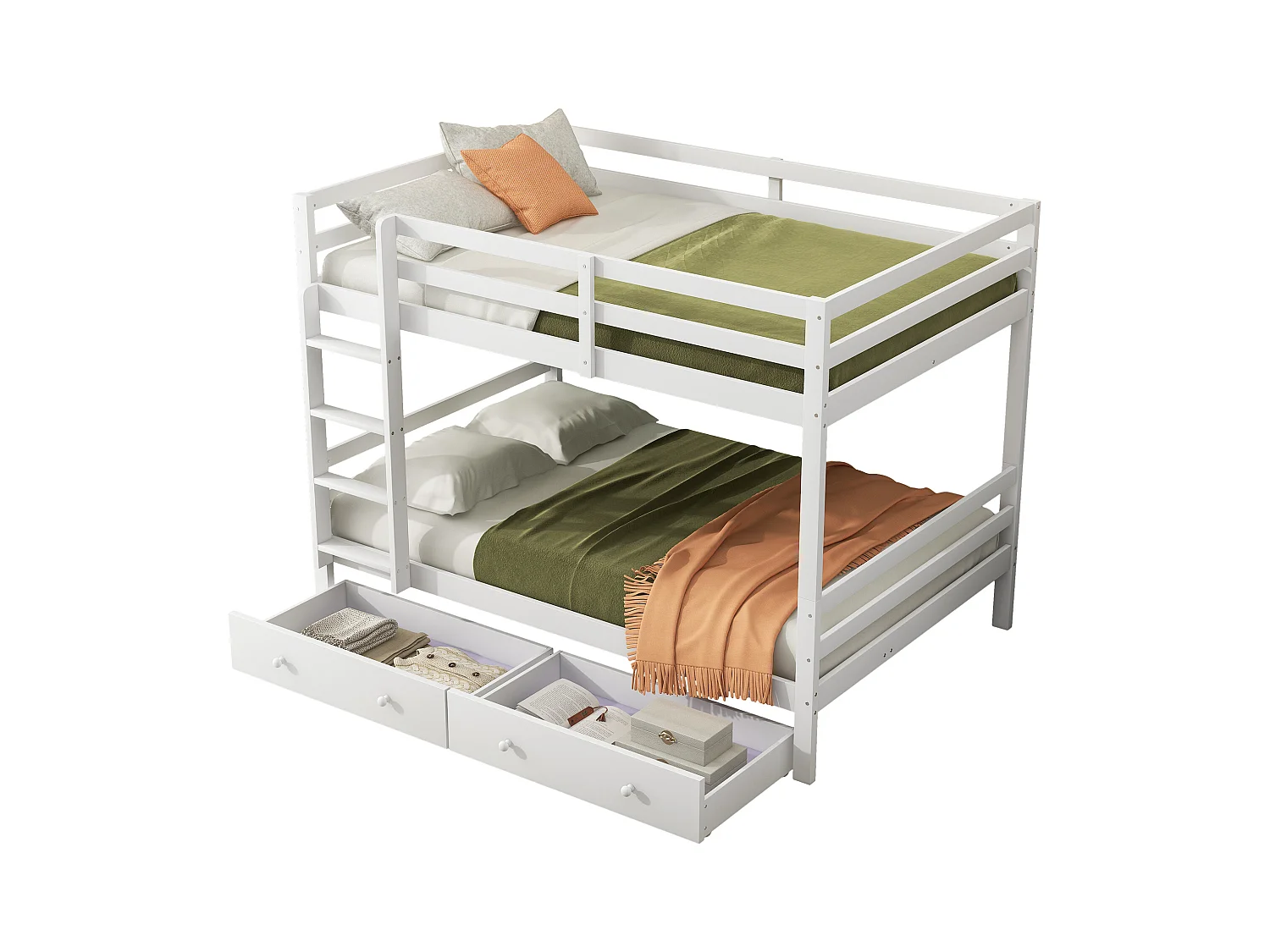 Lit superposé 140x200 cm pour enfant avec tiroirs, espace de rangement, barrières hautes, design pratique, Blanc