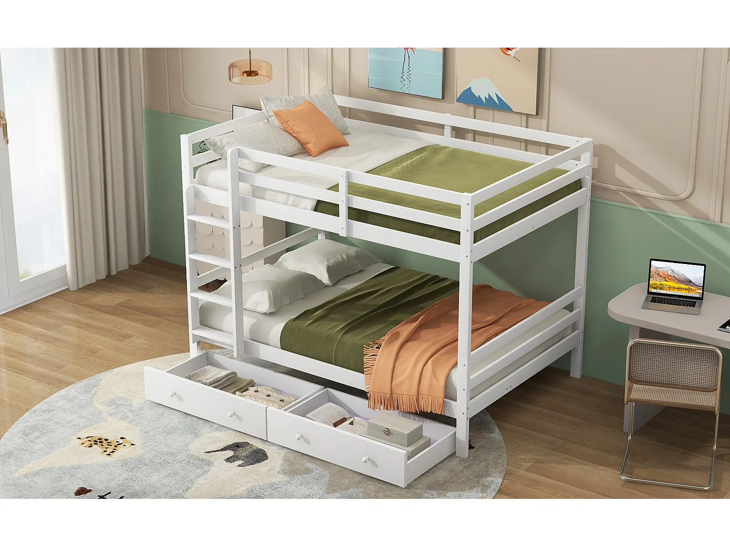 Lit superposé 140x200 cm pour enfant avec tiroirs, espace de rangement, barrières hautes, design pratique, Blanc