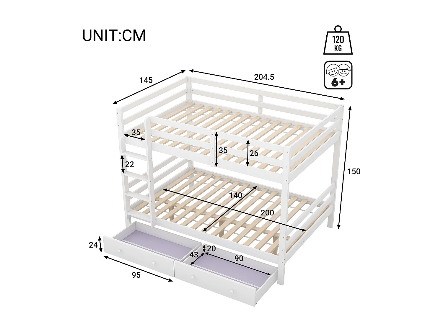 Lit superposé 140x200 cm pour enfant avec tiroirs, espace de rangement, barrières hautes, design pratique, Blanc