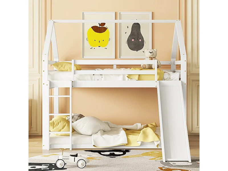 Lit cabane superposé 140x200 cm blanc avec toboggan et échelle, lit double enfant, design amusant et pratique