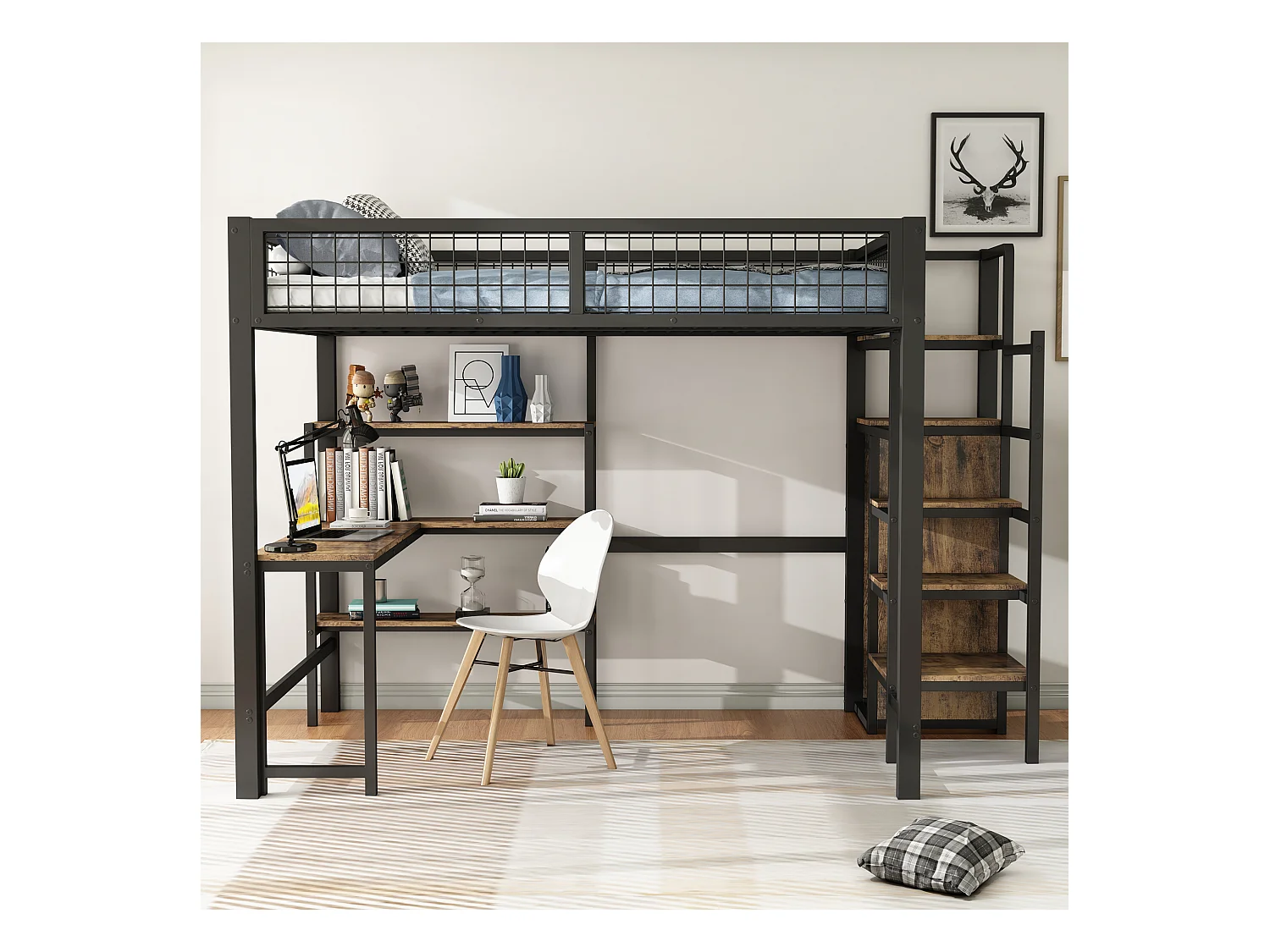 Lit mezzanine 140x200 cm, cadre en métal, échelle et étagères, sans matelas, armoire intégrée, bureau, Noir