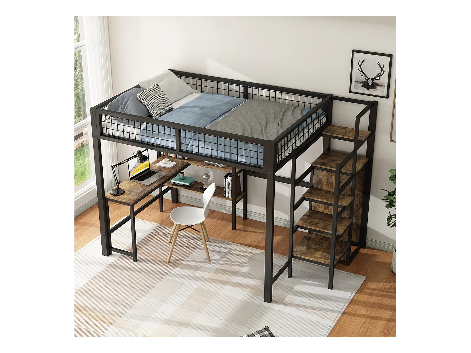 Lit mezzanine 140x200 cm, cadre en métal, échelle et étagères, sans matelas, armoire intégrée, bureau, Noir