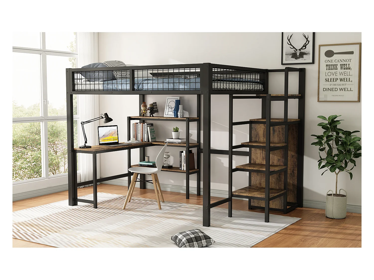 Lit mezzanine 140x200 cm, cadre en métal, échelle et étagères, sans matelas, armoire intégrée, bureau, Noir