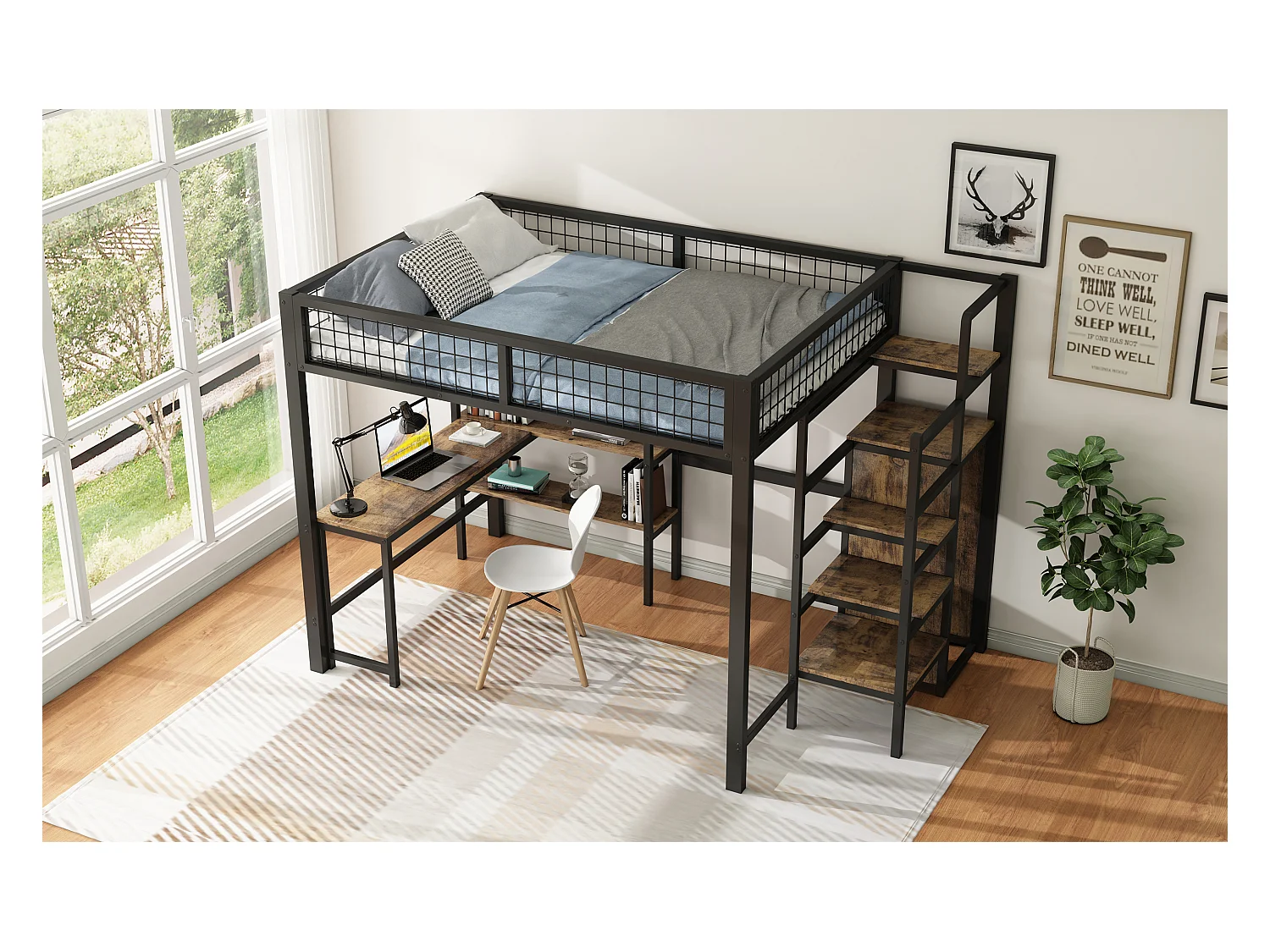 Lit mezzanine 140x200 cm, cadre en métal, échelle et étagères, sans matelas, armoire intégrée, bureau, Noir