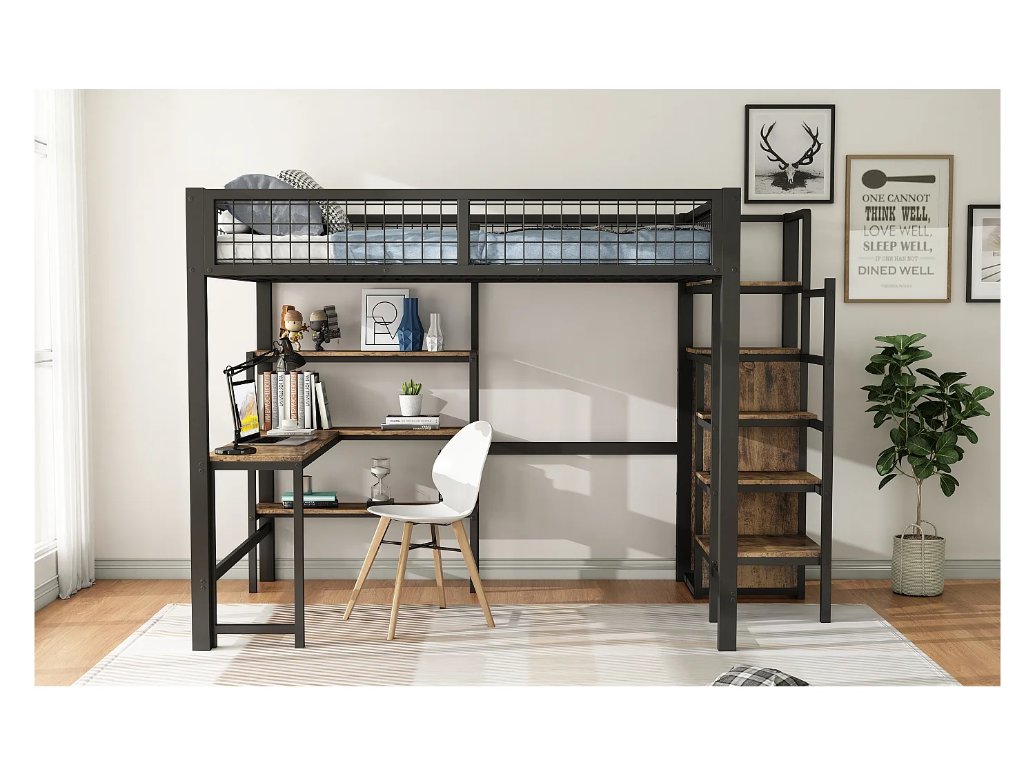 Lit mezzanine 140x200 cm, cadre en métal, échelle et étagères, sans matelas, armoire intégrée, bureau, Noir