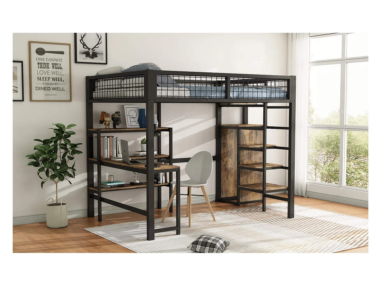 Lit mezzanine 140x200 cm, cadre en métal, échelle et étagères, sans matelas, armoire intégrée, bureau, Noir