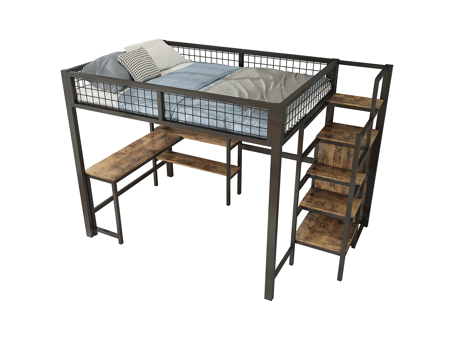 Lit mezzanine 140x200 cm, cadre en métal, échelle et étagères, sans matelas, armoire intégrée, bureau, Noir