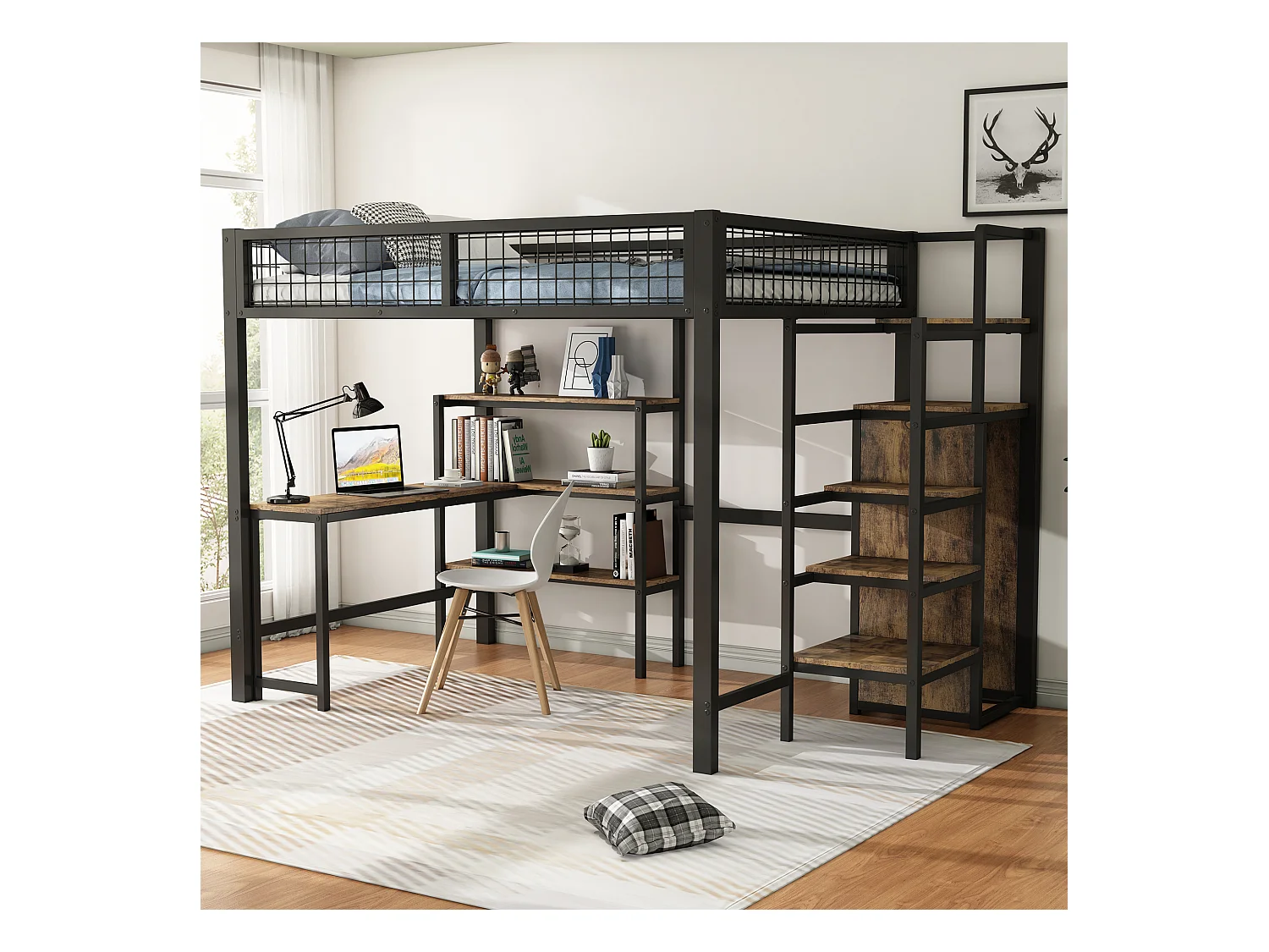 Lit mezzanine 140x200 cm, cadre en métal, échelle et étagères, sans matelas, armoire intégrée, bureau, Noir