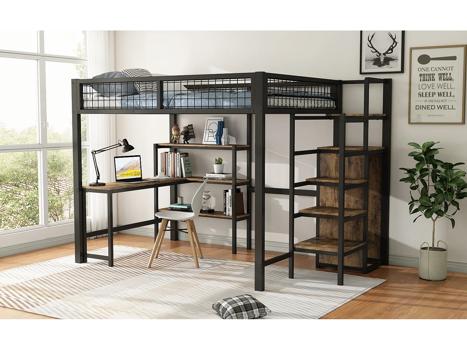 Lit mezzanine 140x200 cm, cadre en métal, échelle et étagères, sans matelas, armoire intégrée, bureau, Noir