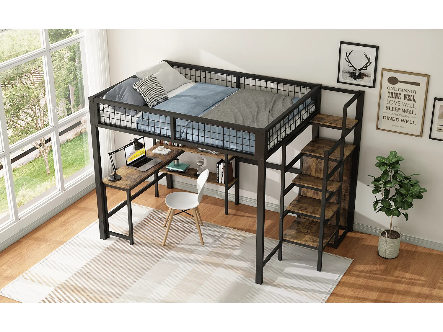 Lit mezzanine 140x200 cm, cadre en métal, échelle et étagères, sans matelas, armoire intégrée, bureau, Noir