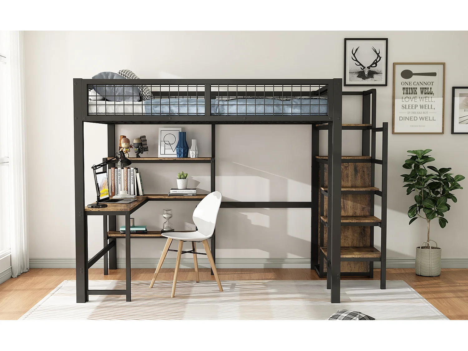 Lit mezzanine 140x200 cm, cadre en métal, échelle et étagères, sans matelas, armoire intégrée, bureau, Noir