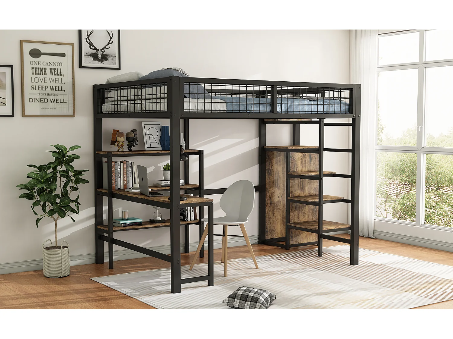 Lit mezzanine 140x200 cm, cadre en métal, échelle et étagères, sans matelas, armoire intégrée, bureau, Noir