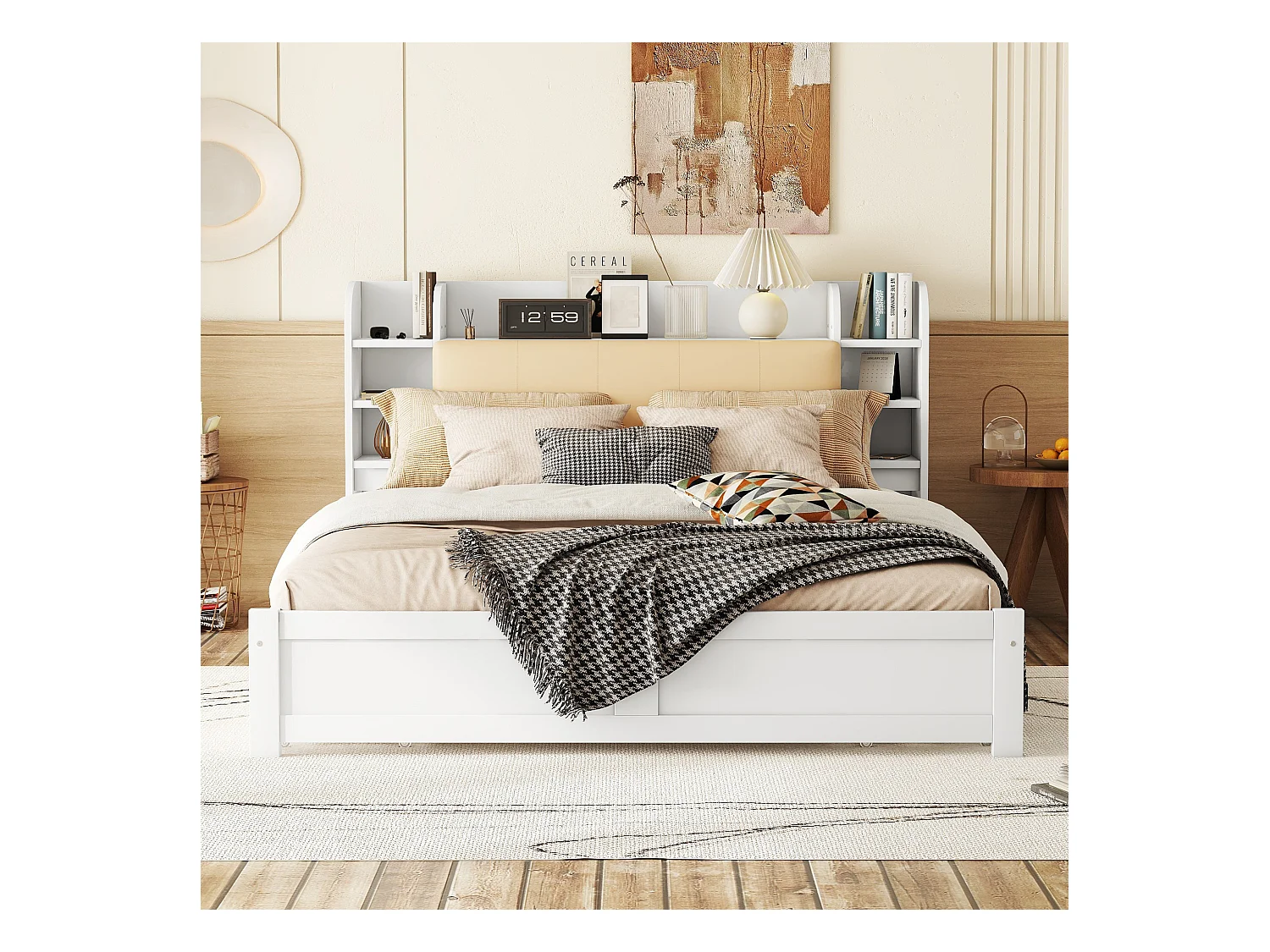 Lit simple 180x200 cm avec tête partiellement relevable, quatre tiroirs et plusieurs compartiments de rangement, Blanc