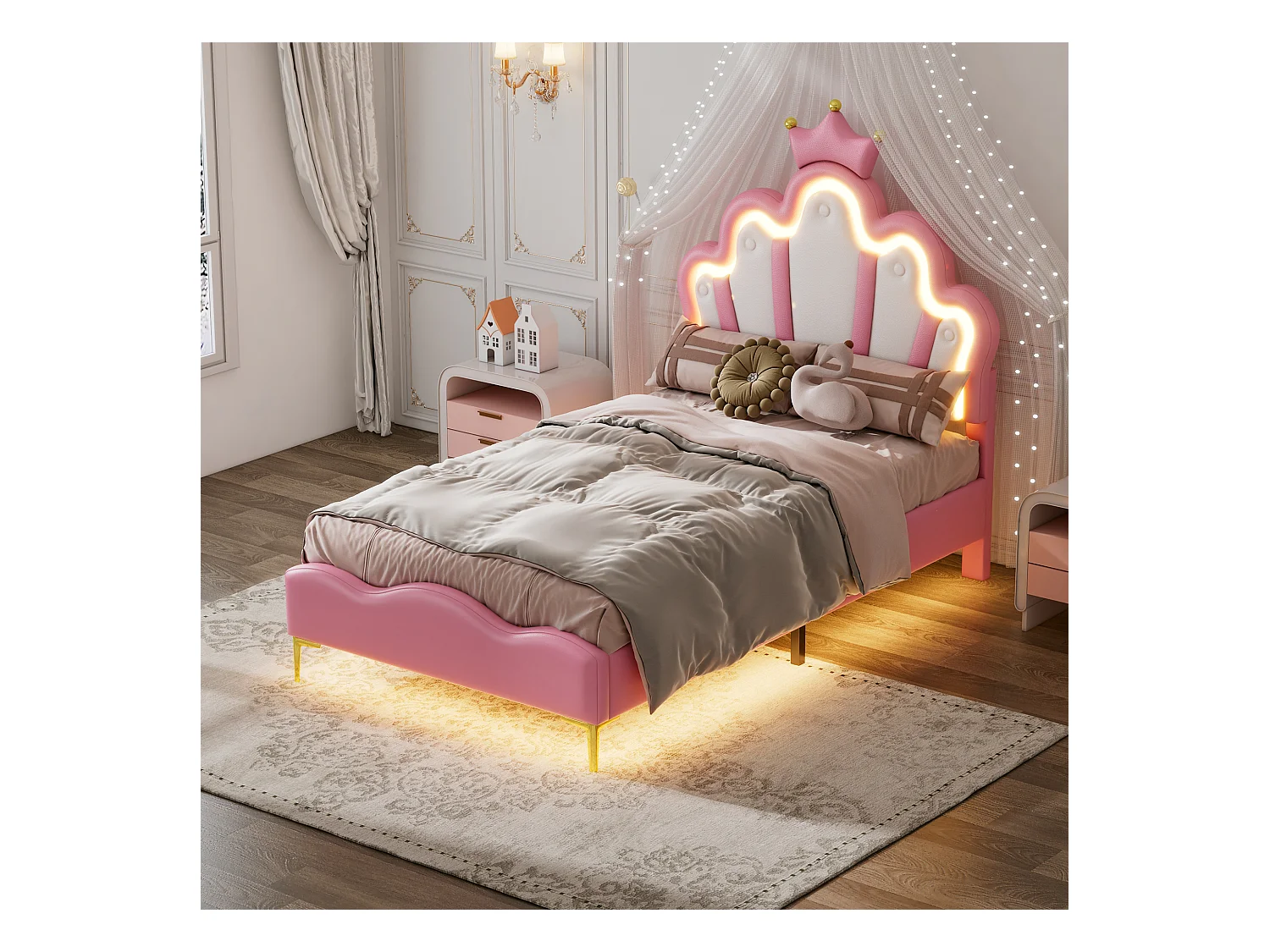 Lit princesse 90x200 cm rose, tête de lit couronne, rembourrage doux en cuir PU, bande lumineuse LED ajustable