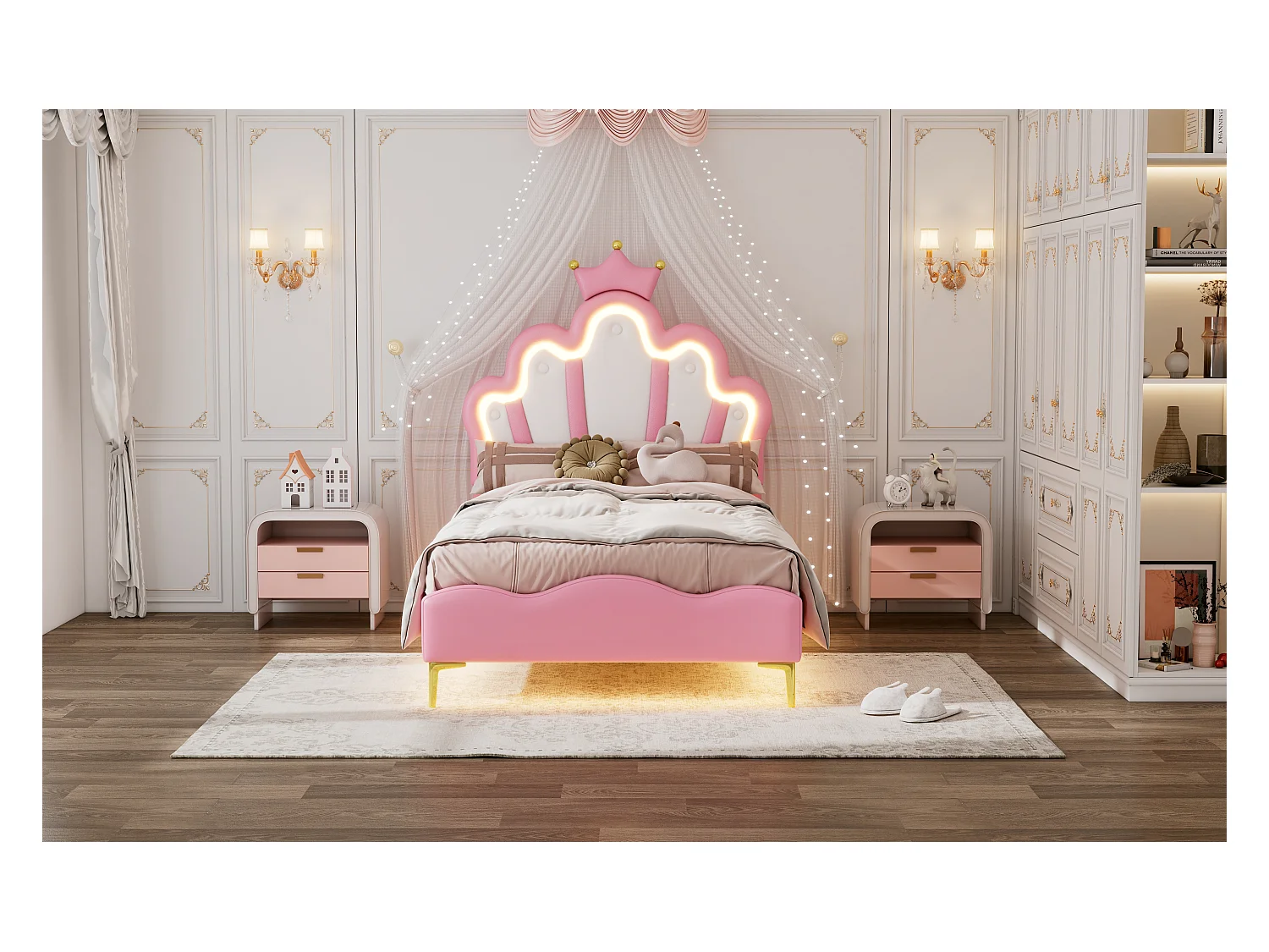 Lit princesse 90x200 cm rose, tête de lit couronne, rembourrage doux en cuir PU, bande lumineuse LED ajustable