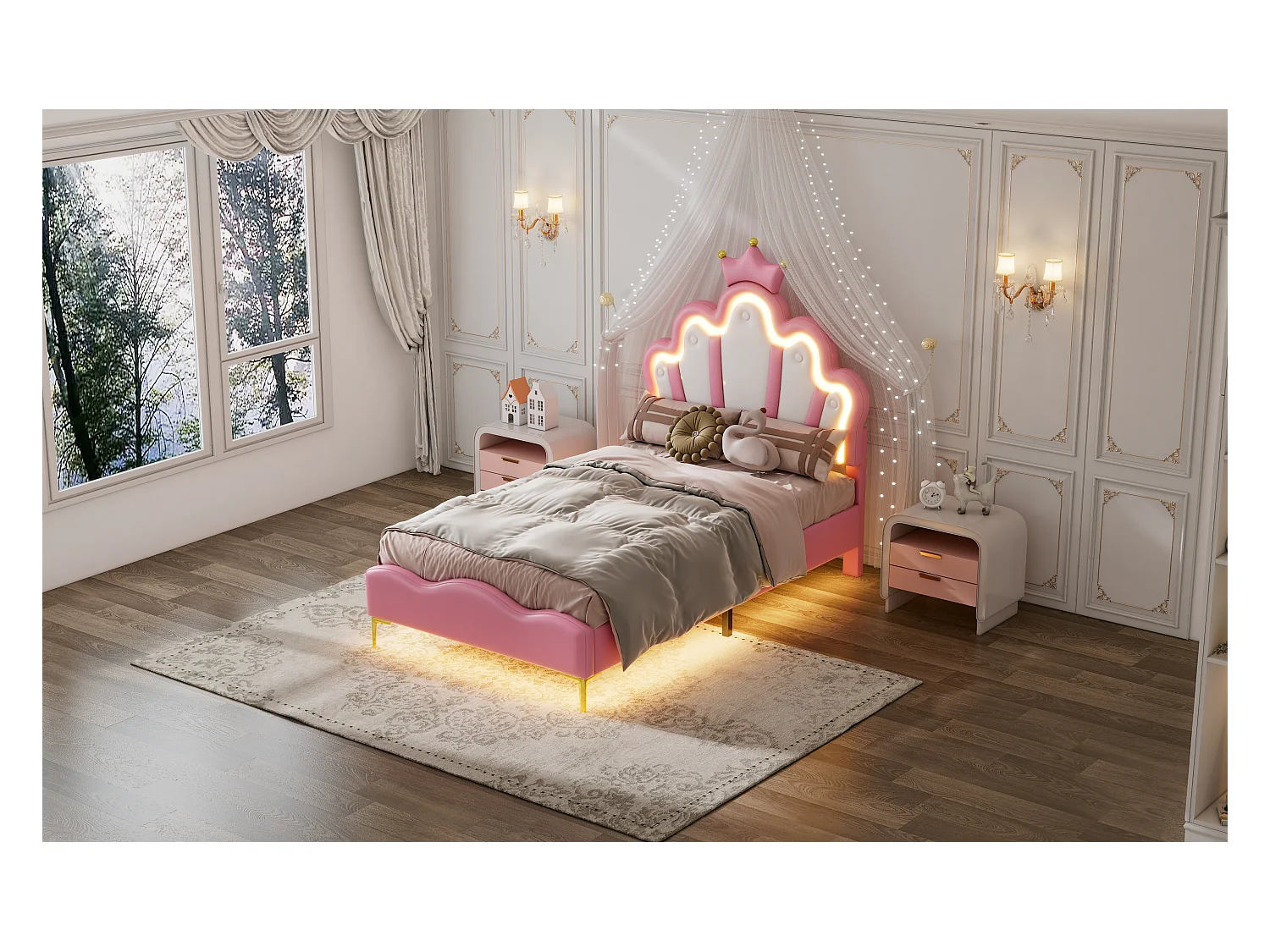Lit princesse 90x200 cm rose, tête de lit couronne, rembourrage doux en cuir PU, bande lumineuse LED ajustable
