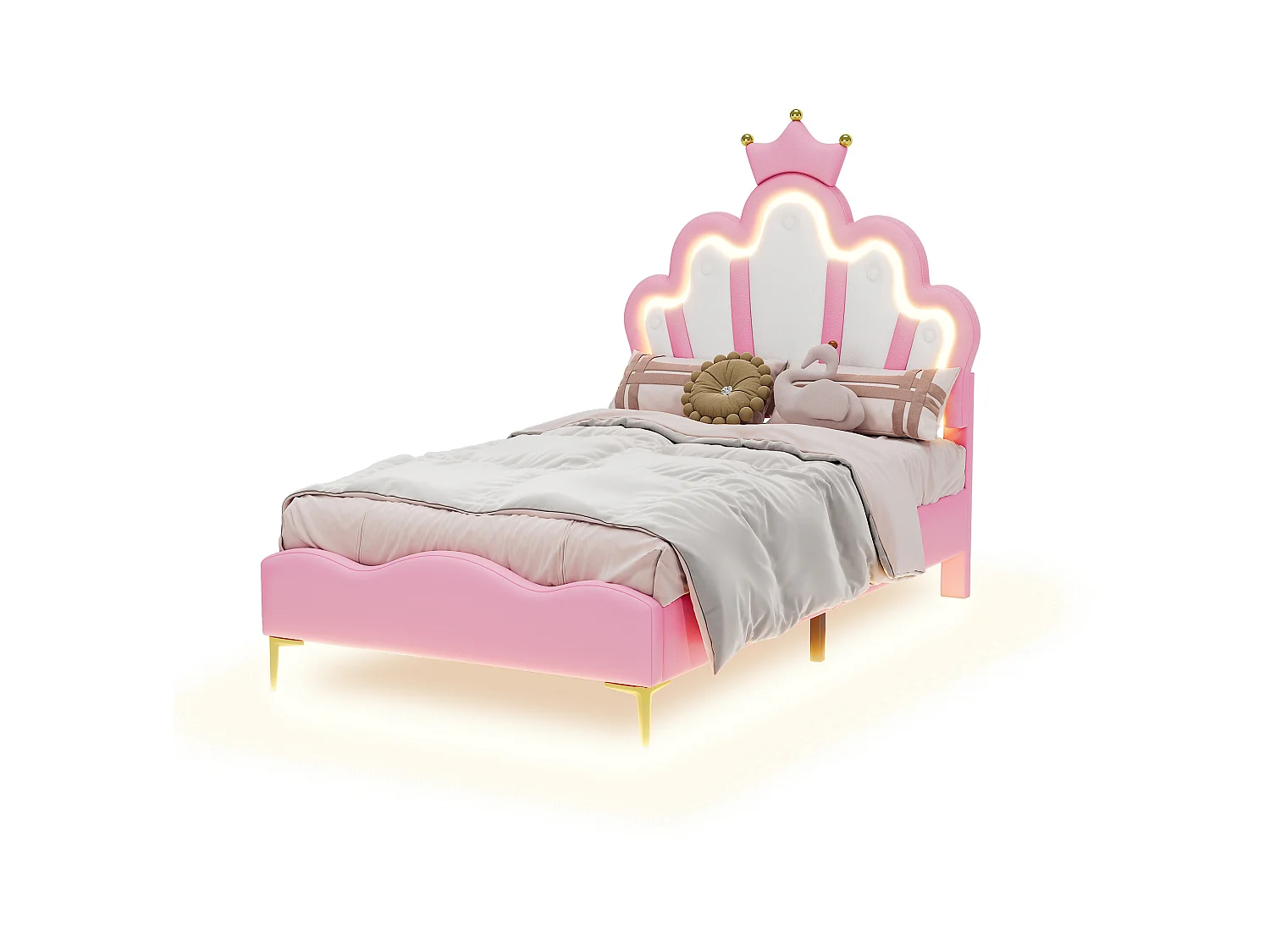 Lit princesse 90x200 cm rose, tête de lit couronne, rembourrage doux en cuir PU, bande lumineuse LED ajustable
