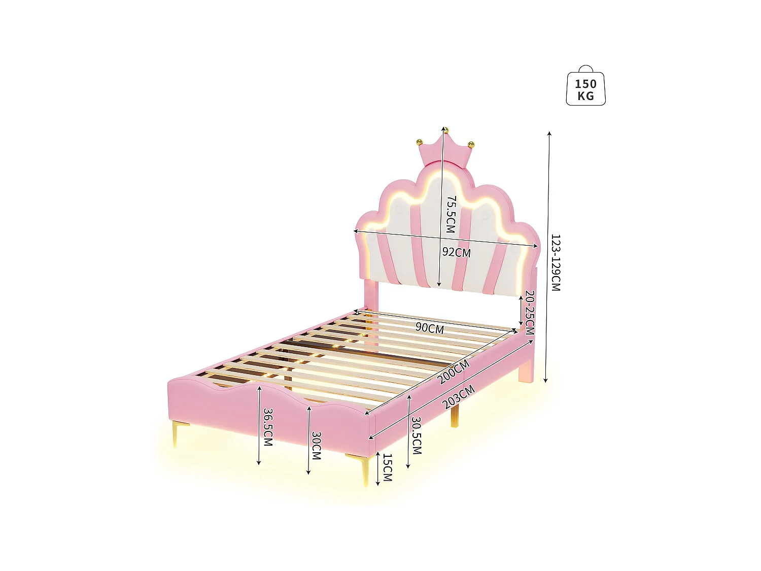Lit princesse 90x200 cm rose, tête de lit couronne, rembourrage doux en cuir PU, bande lumineuse LED ajustable