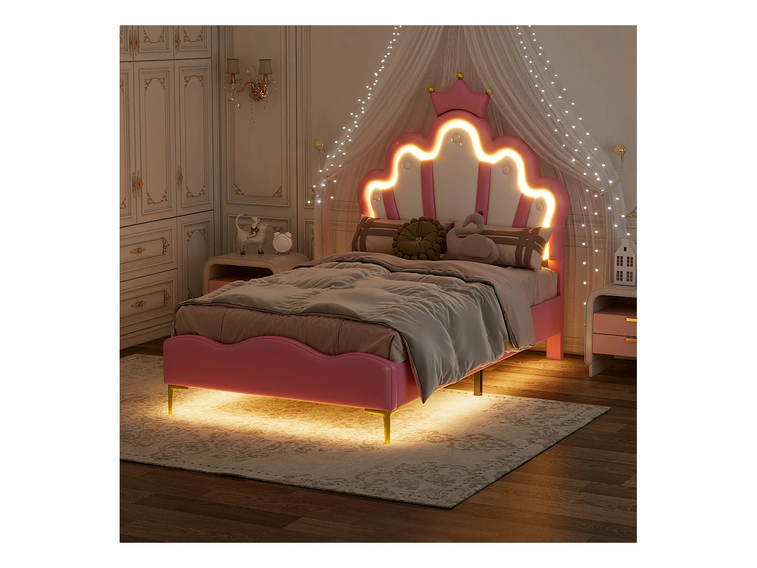 Lit princesse 90x200 cm rose, tête de lit couronne, rembourrage doux en cuir PU, bande lumineuse LED ajustable