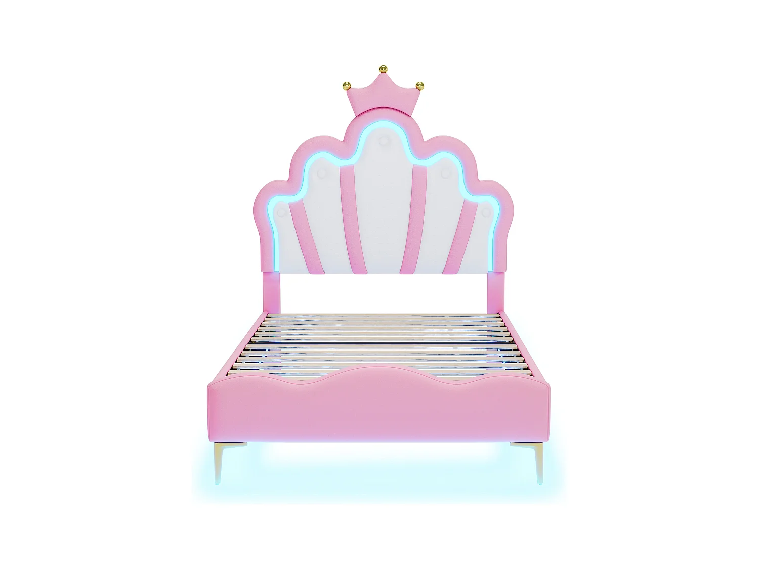 Lit princesse 90x200 cm rose, tête de lit couronne, rembourrage doux en cuir PU, bande lumineuse LED ajustable