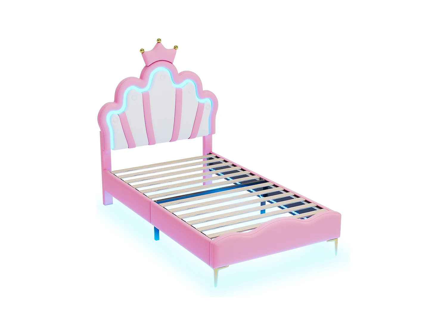 Lit princesse 90x200 cm rose, tête de lit couronne, rembourrage doux en cuir PU, bande lumineuse LED ajustable